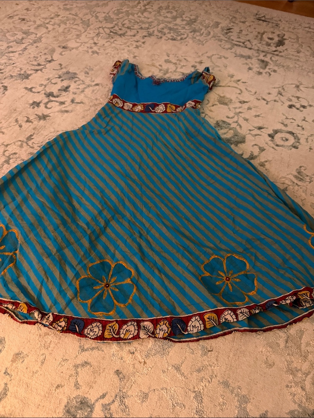 Blue & Gold Floral Stripe Girls Dress - Kids